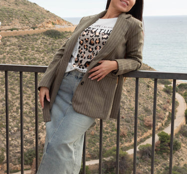 Chaqueta Blazer Cruzada con Cinturón a Rayas