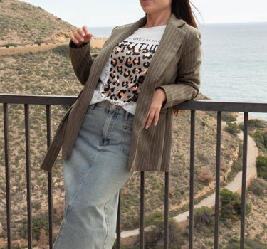 Chaqueta Blazer Cruzada con Cinturón a Rayas